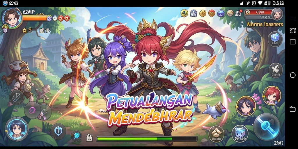Screenshot gameplay 62VIP yang menampilkan karakter anime bertarung.