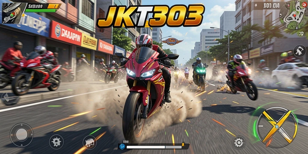 Screenshot gameplay JKT303 menampilkan aksi balapan sepeda motor yang mendebarkan.