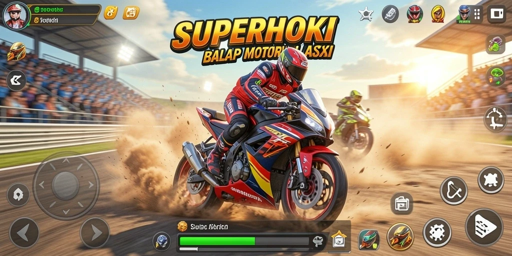 Gameplay SUPERHOKI yang seru saat balapan motor.